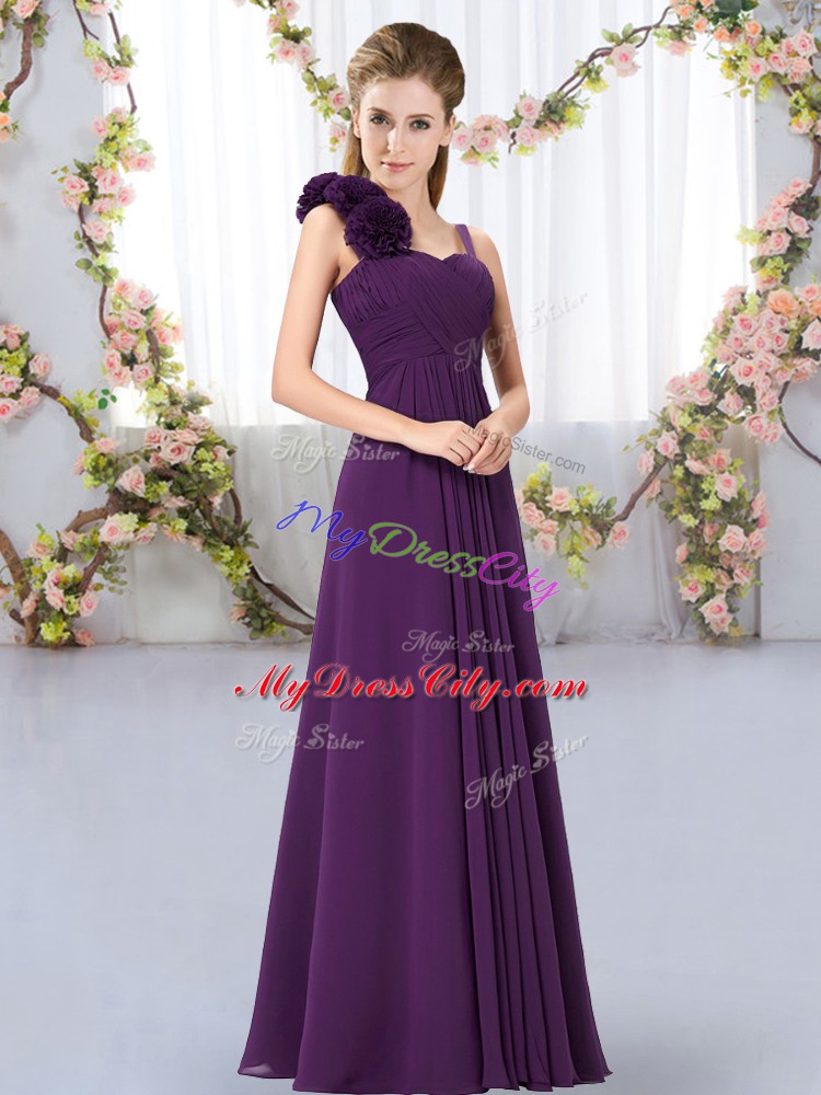 Dark Purple Chiffon Lace Up Wedding Guest Dresses Sleeveless Floor Length Hand Made Flower