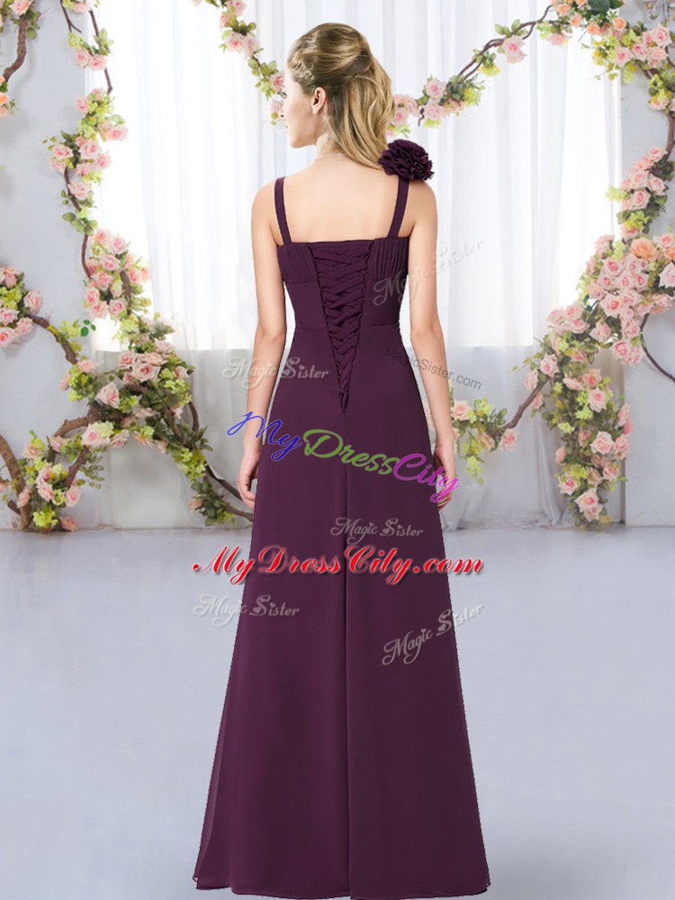 Dark Purple Chiffon Lace Up Wedding Guest Dresses Sleeveless Floor Length Hand Made Flower