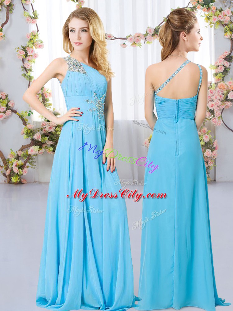 Floor Length Aqua Blue Wedding Guest Dresses One Shoulder Sleeveless Zipper