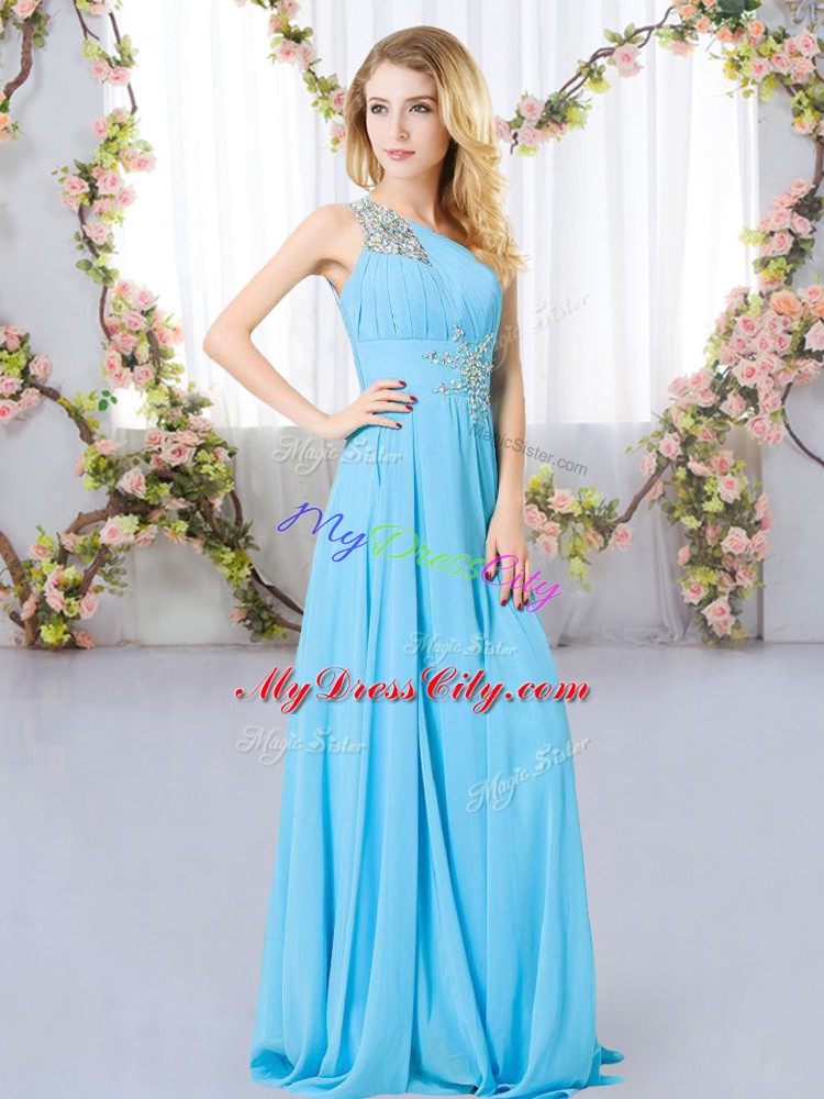 Floor Length Aqua Blue Wedding Guest Dresses One Shoulder Sleeveless Zipper