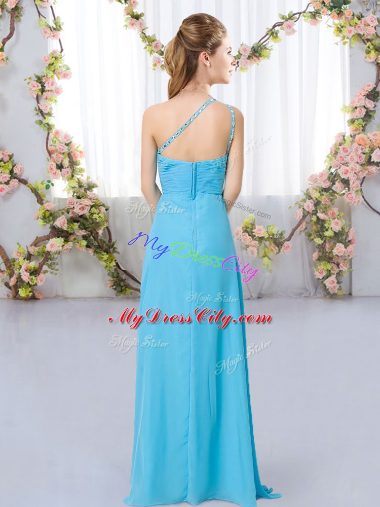 Floor Length Aqua Blue Wedding Guest Dresses One Shoulder Sleeveless Zipper