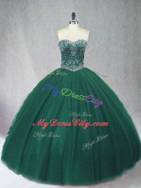 Hot Sale Sweetheart Sleeveless Lace Up Quince Ball Gowns Dark Green Tulle