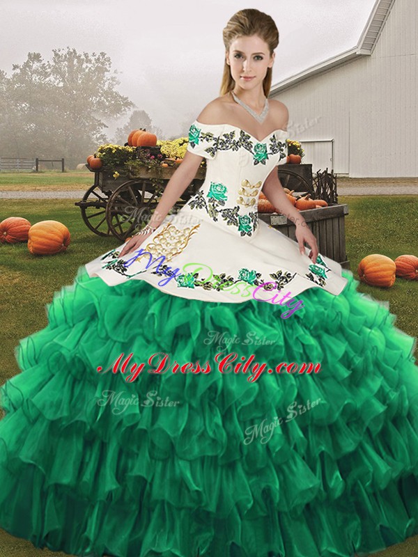 Fashion Off The Shoulder Sleeveless Ball Gown Prom Dress Floor Length Embroidery and Ruffled Layers Turquoise Organza