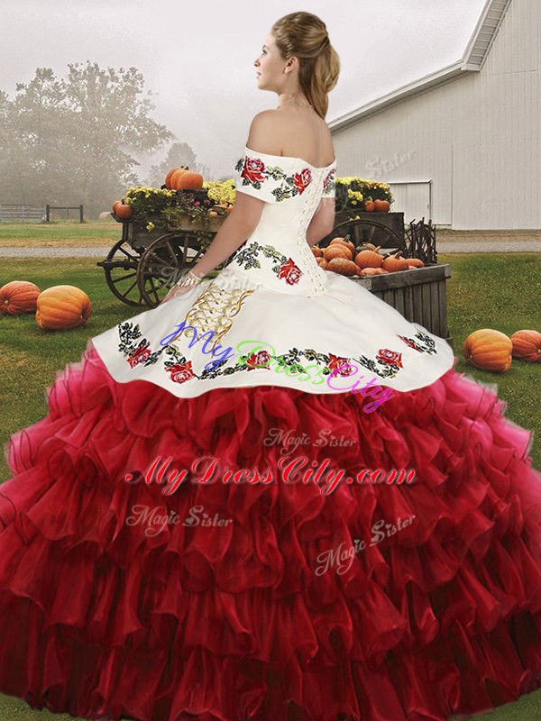 Fashion Off The Shoulder Sleeveless Ball Gown Prom Dress Floor Length Embroidery and Ruffled Layers Turquoise Organza