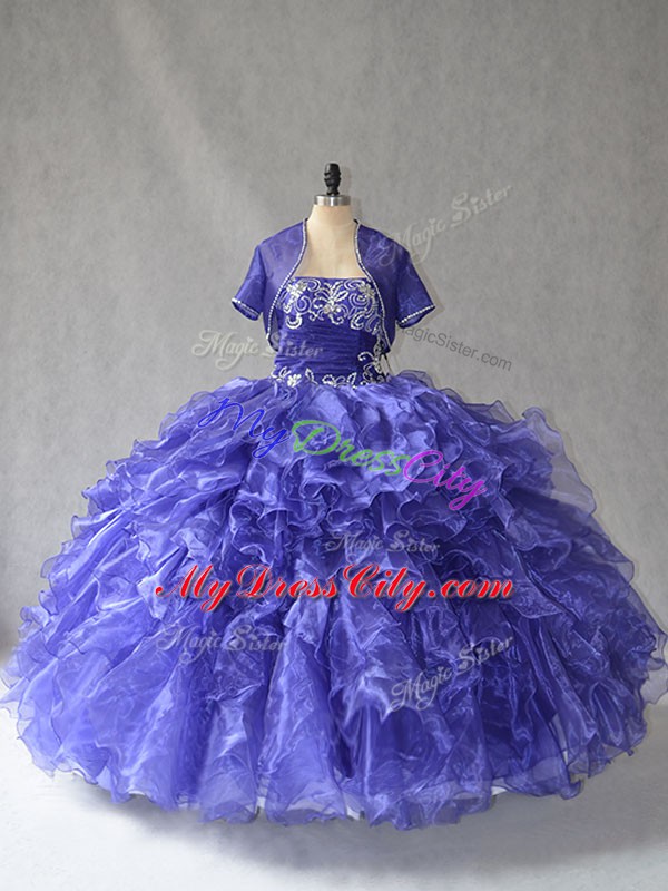 Blue Strapless Lace Up Beading and Ruffles 15 Quinceanera Dress Sleeveless