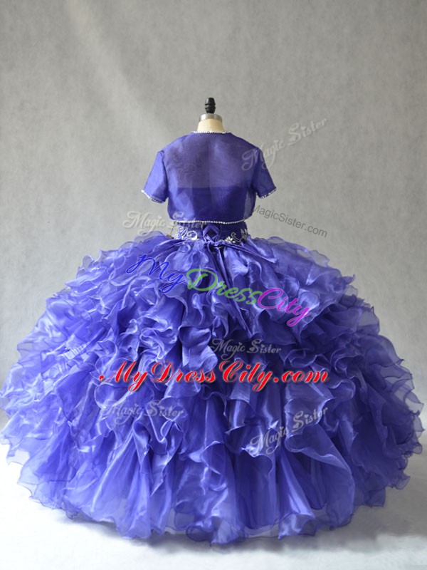 Blue Strapless Lace Up Beading and Ruffles 15 Quinceanera Dress Sleeveless