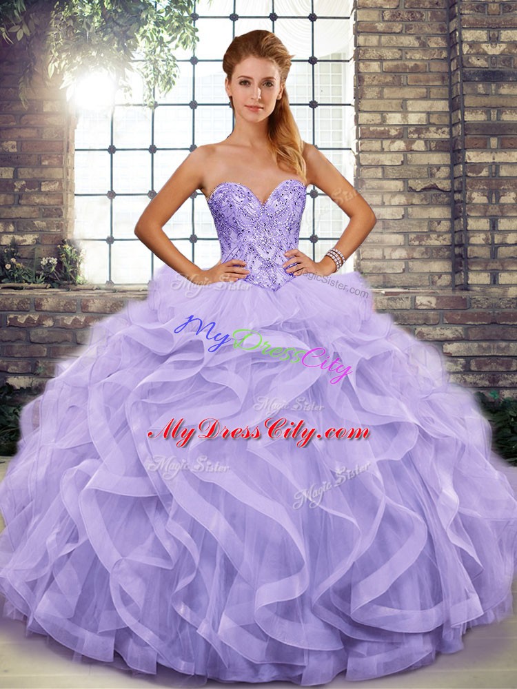 Lavender 15 Quinceanera Dress Military Ball and Sweet 16 and Quinceanera with Beading and Ruffles Sweetheart Sleeveless Lace Up