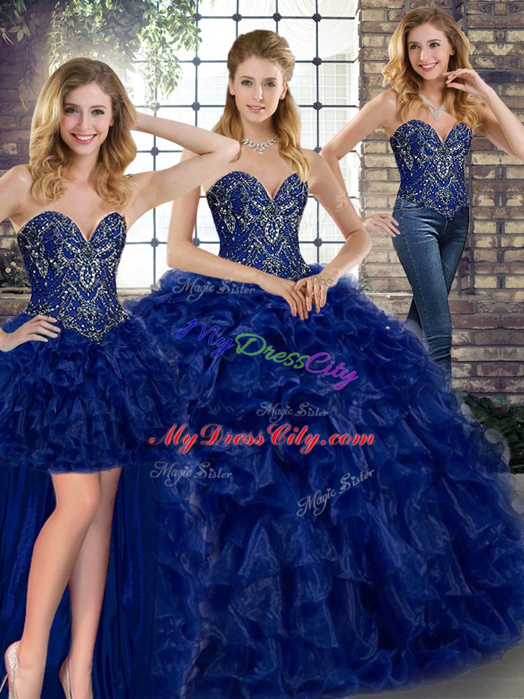 Charming Sleeveless Organza Floor Length Lace Up Quinceanera Dress in Royal Blue with Beading and Ruffles