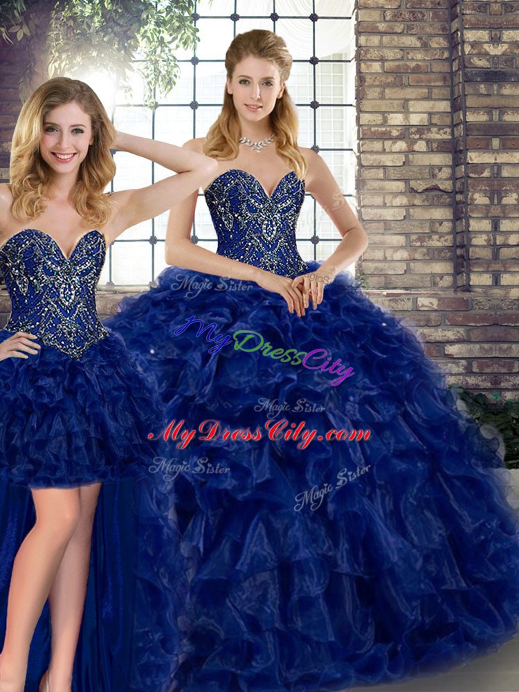 Charming Sleeveless Organza Floor Length Lace Up Quinceanera Dress in Royal Blue with Beading and Ruffles