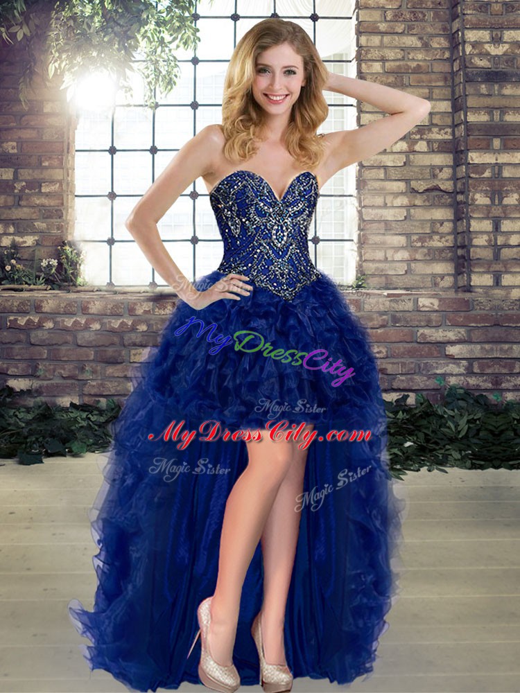 Charming Sleeveless Organza Floor Length Lace Up Quinceanera Dress in Royal Blue with Beading and Ruffles