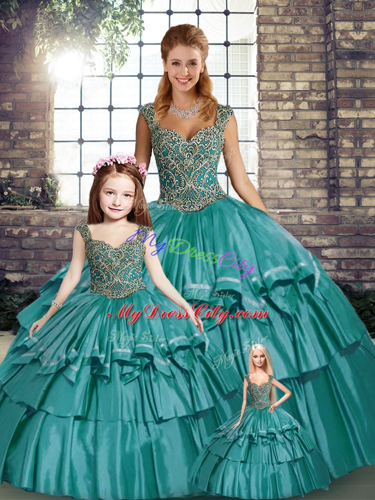 New Arrival Teal Taffeta Lace Up Straps Sleeveless Floor Length Vestidos de Quinceanera Beading and Ruffled Layers