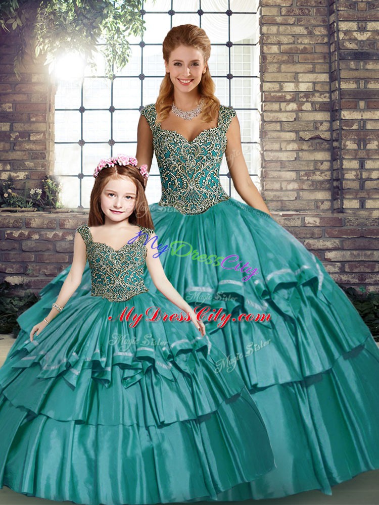 New Arrival Teal Taffeta Lace Up Straps Sleeveless Floor Length Vestidos de Quinceanera Beading and Ruffled Layers