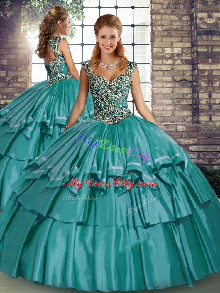 New Arrival Teal Taffeta Lace Up Straps Sleeveless Floor Length Vestidos de Quinceanera Beading and Ruffled Layers