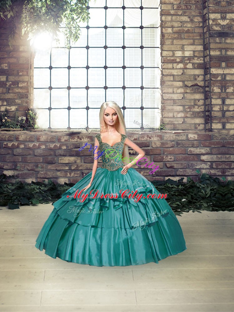 New Arrival Teal Taffeta Lace Up Straps Sleeveless Floor Length Vestidos de Quinceanera Beading and Ruffled Layers