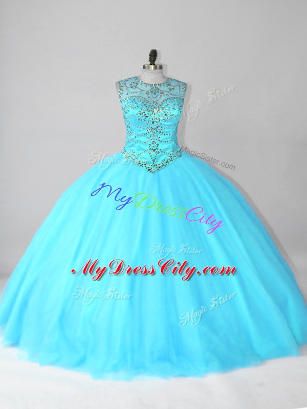 Scoop Sleeveless Lace Up Ball Gown Prom Dress Aqua Blue Tulle