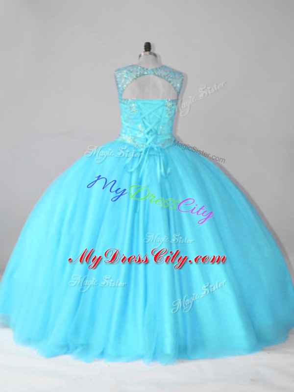 Scoop Sleeveless Lace Up Ball Gown Prom Dress Aqua Blue Tulle