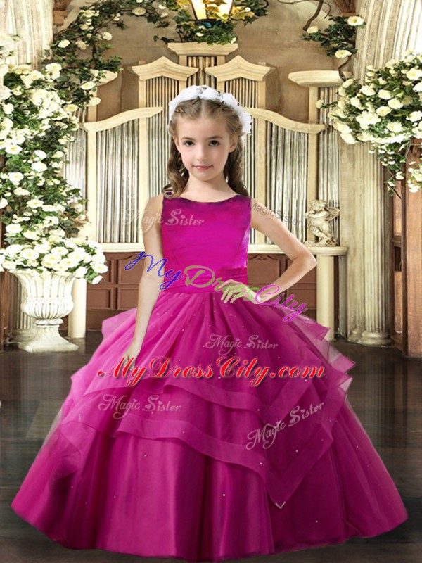 Ball Gowns Kids Formal Wear Fuchsia Scoop Tulle Sleeveless Floor Length Lace Up