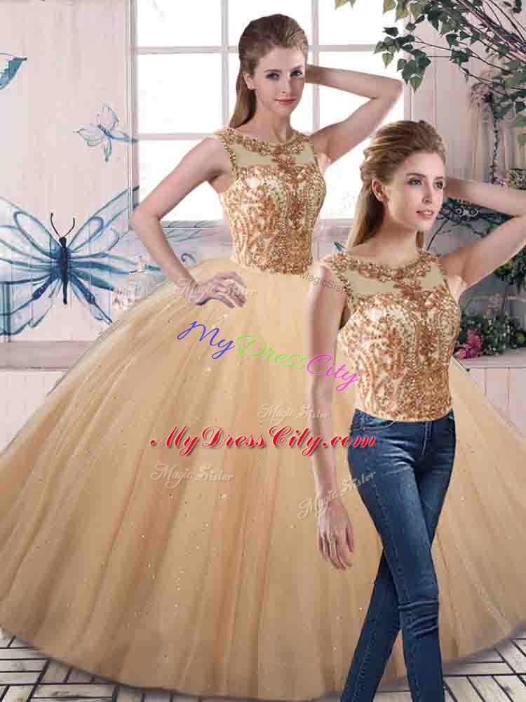 Flirting Gold Sleeveless Tulle Lace Up Sweet 16 Dress for Military Ball and Sweet 16 and Quinceanera