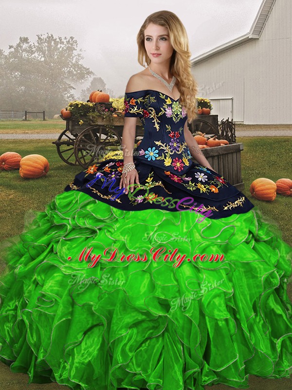 Green Organza Lace Up Off The Shoulder Sleeveless Floor Length Vestidos de Quinceanera Embroidery and Ruffles