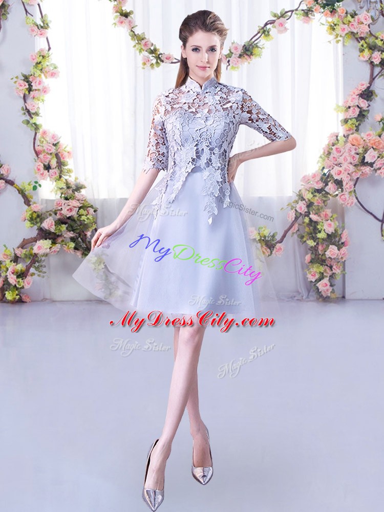 Nice Mini Length Grey Wedding Guest Dresses Tulle Half Sleeves Lace