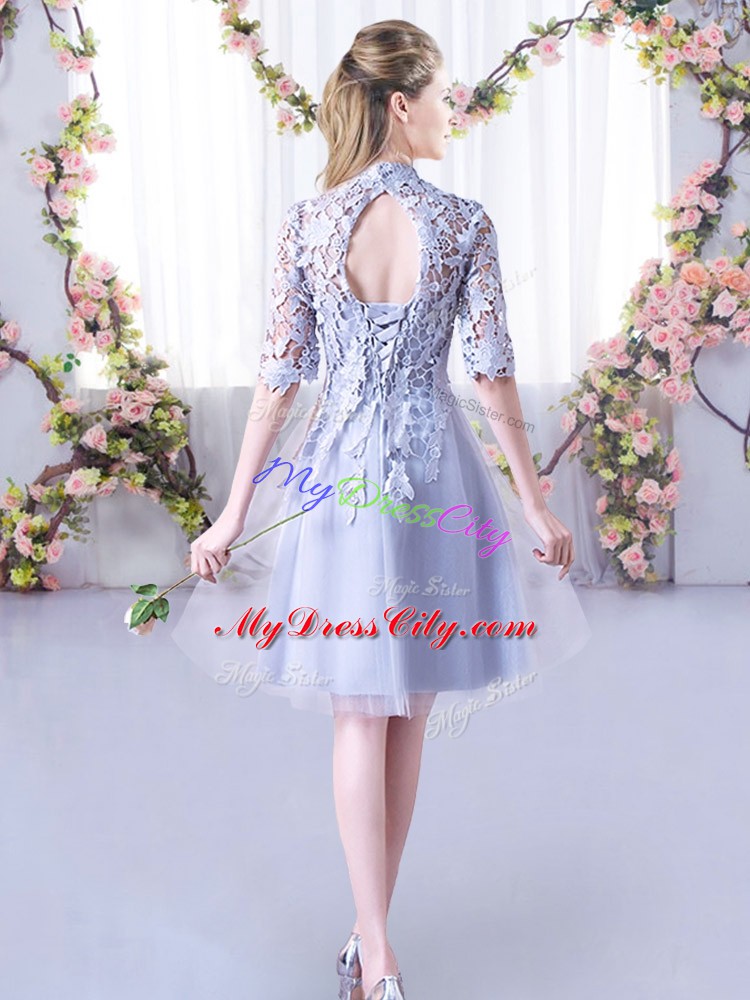 Nice Mini Length Grey Wedding Guest Dresses Tulle Half Sleeves Lace