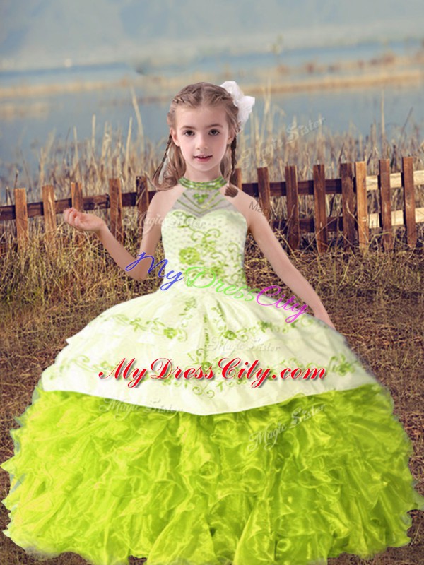 Sleeveless Floor Length Beading and Embroidery and Ruffles Lace Up Pageant Dress Toddler with Yellow Green