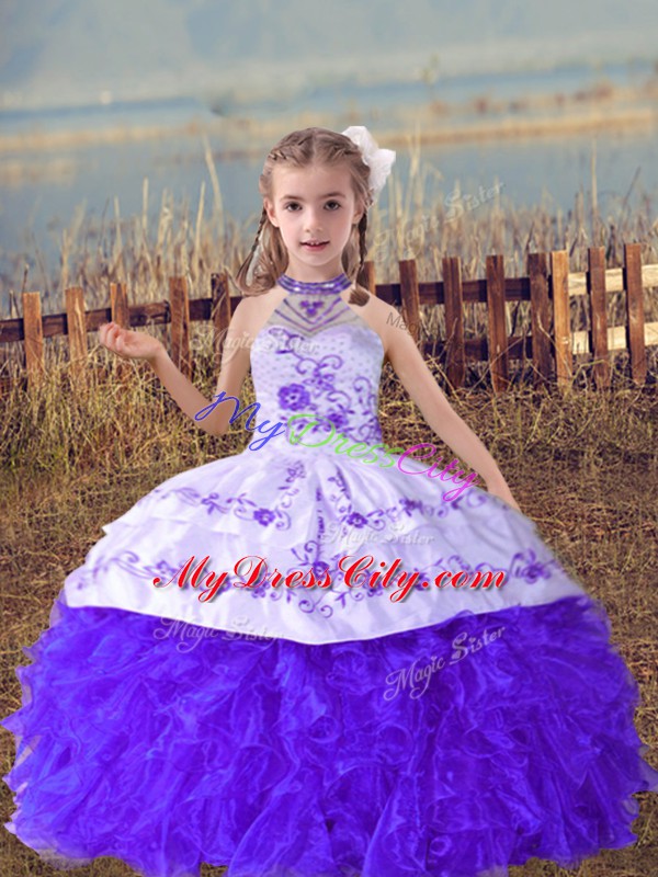 Lavender Lace Up Pageant Dress Womens Beading and Embroidery and Ruffles Sleeveless Floor Length