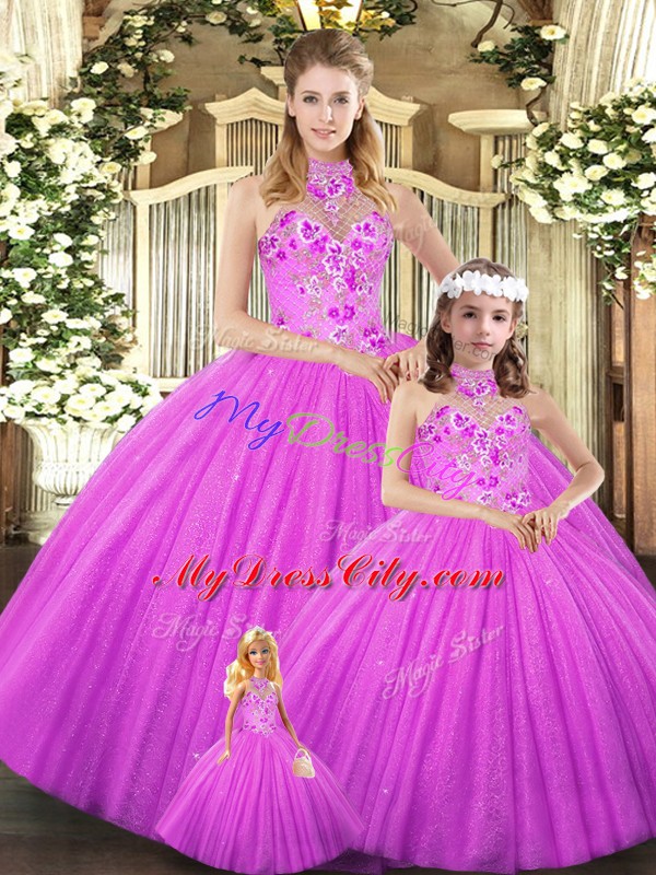 Nice Lilac Sleeveless Tulle Lace Up Sweet 16 Dresses for Military Ball and Sweet 16 and Quinceanera