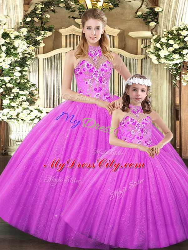 Nice Lilac Sleeveless Tulle Lace Up Sweet 16 Dresses for Military Ball and Sweet 16 and Quinceanera