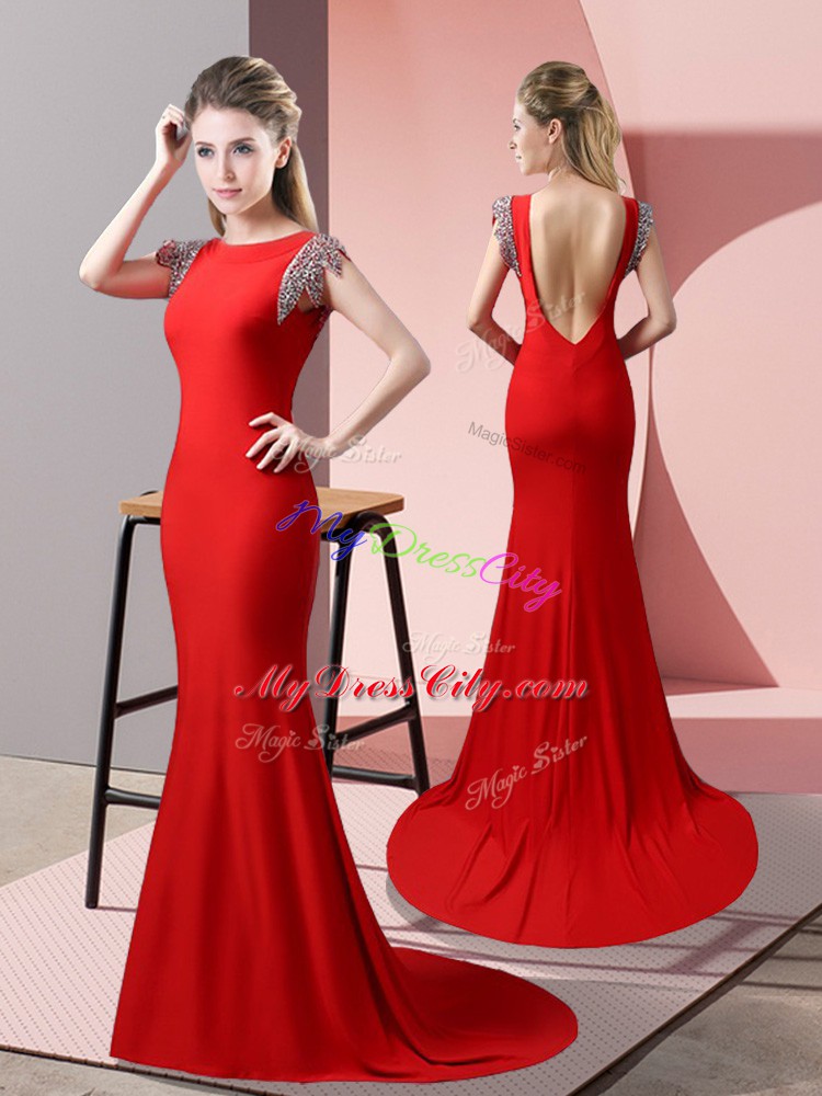 Fashionable Red Backless High-neck Beading Evening Dresses Elastic Woven Satin Short Sleeves Brush Train