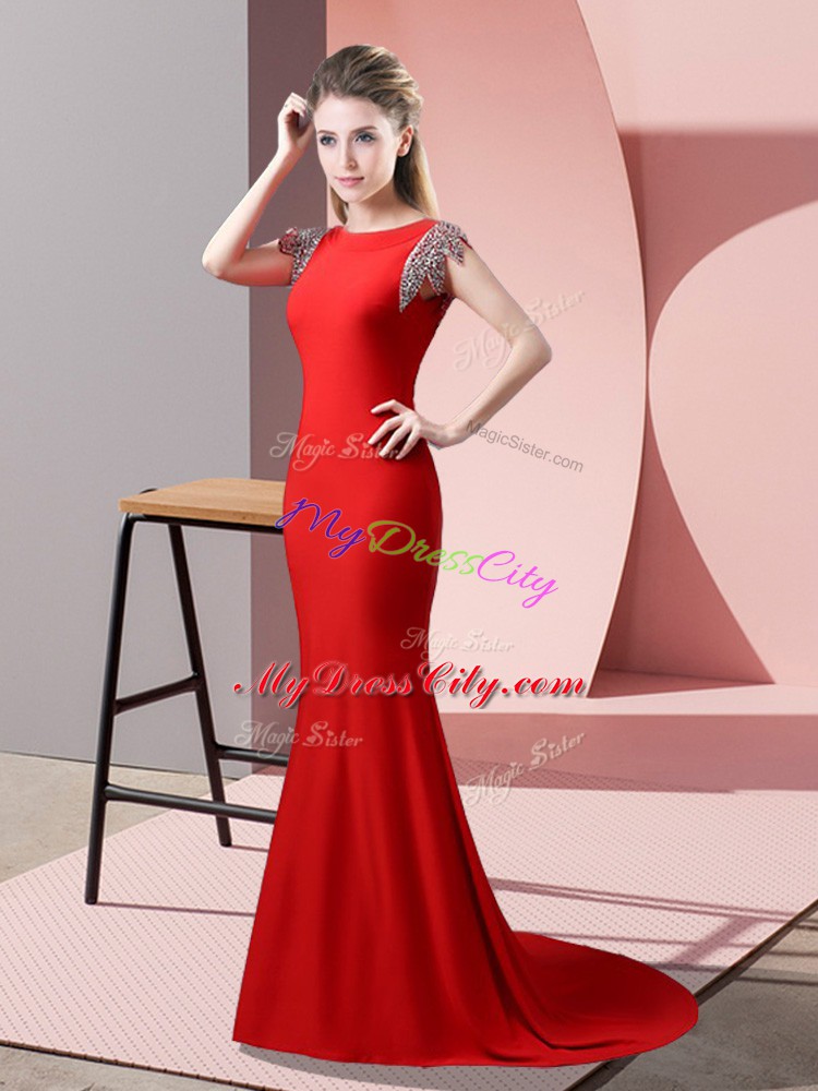 Fashionable Red Backless High-neck Beading Evening Dresses Elastic Woven Satin Short Sleeves Brush Train