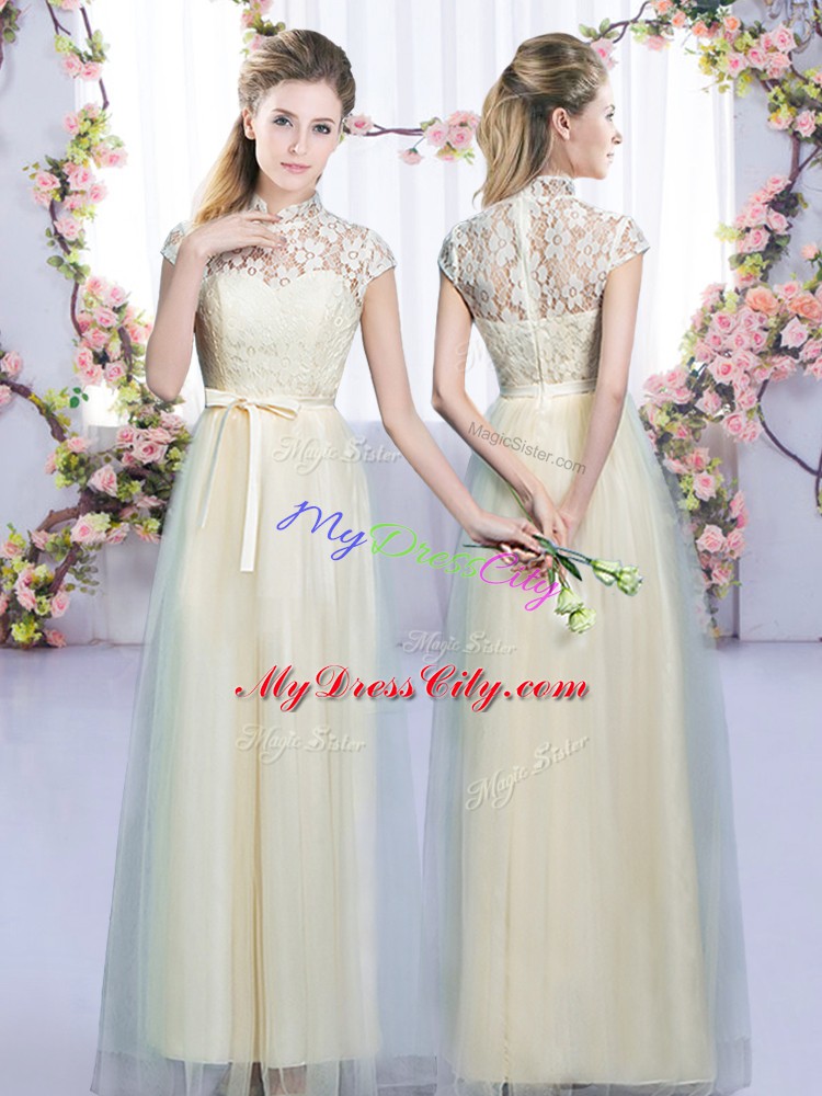 Floor Length Empire Cap Sleeves Champagne Bridesmaid Gown Zipper