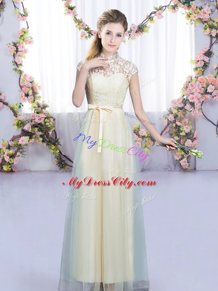 Floor Length Empire Cap Sleeves Champagne Bridesmaid Gown Zipper