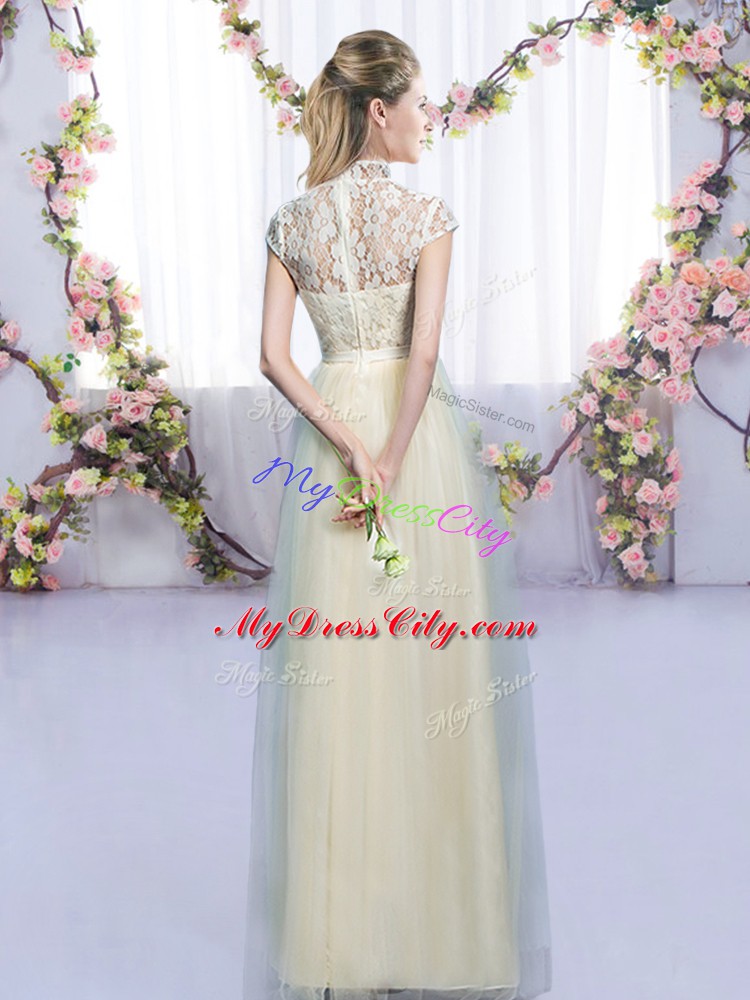 Floor Length Empire Cap Sleeves Champagne Bridesmaid Gown Zipper