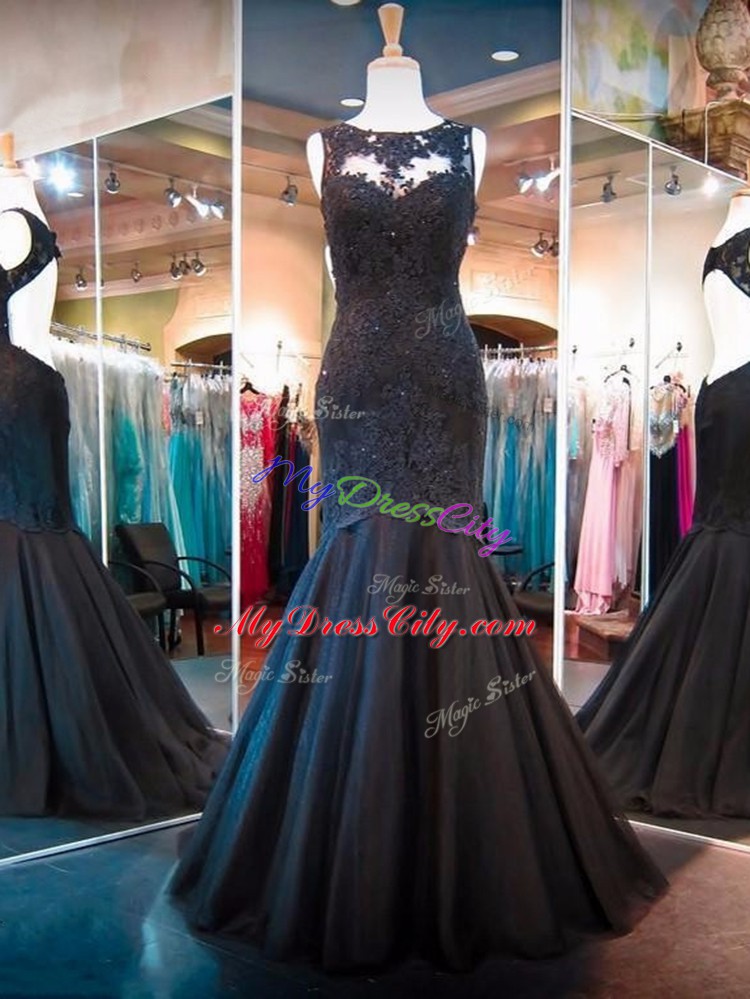 Latest Black Mermaid Tulle Scoop Sleeveless Lace Floor Length Backless Juniors Party Dress