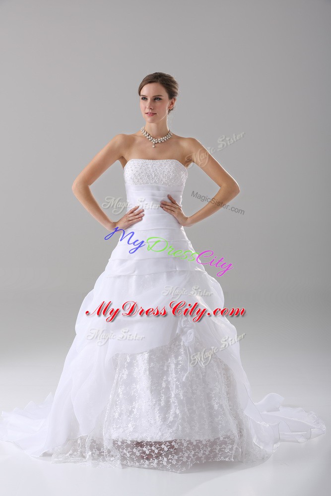 Simple Organza Strapless Sleeveless Brush Train Lace Up Beading and Lace Wedding Dress in White