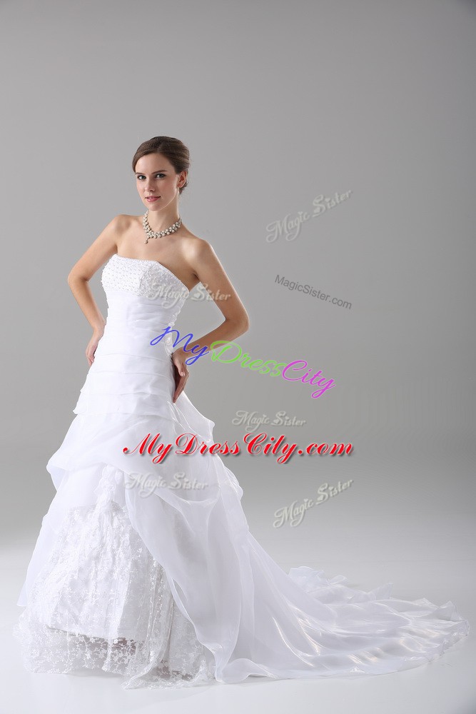 Simple Organza Strapless Sleeveless Brush Train Lace Up Beading and Lace Wedding Dress in White