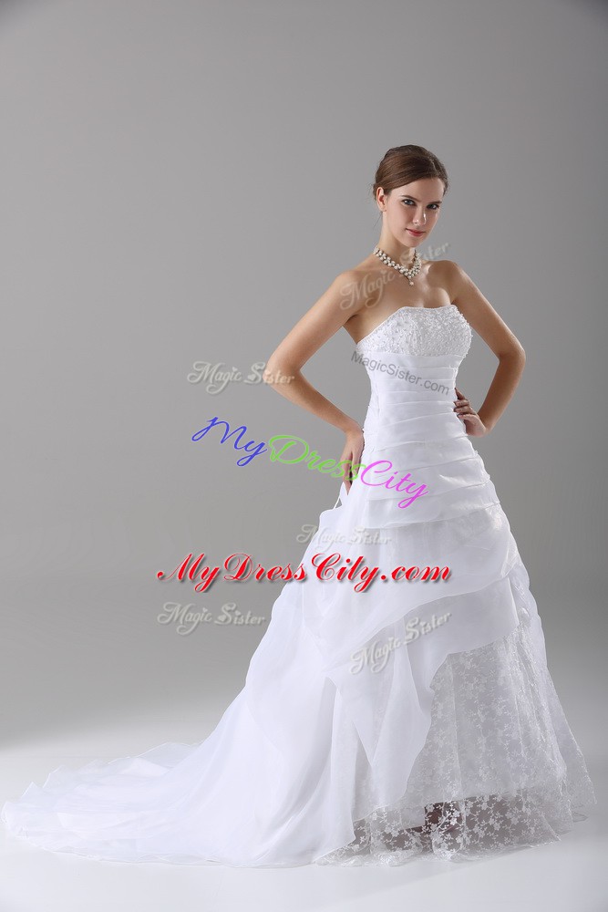 Simple Organza Strapless Sleeveless Brush Train Lace Up Beading and Lace Wedding Dress in White