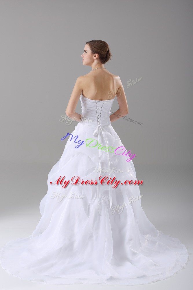 Simple Organza Strapless Sleeveless Brush Train Lace Up Beading and Lace Wedding Dress in White