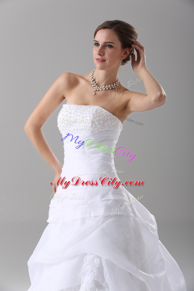 Simple Organza Strapless Sleeveless Brush Train Lace Up Beading and Lace Wedding Dress in White