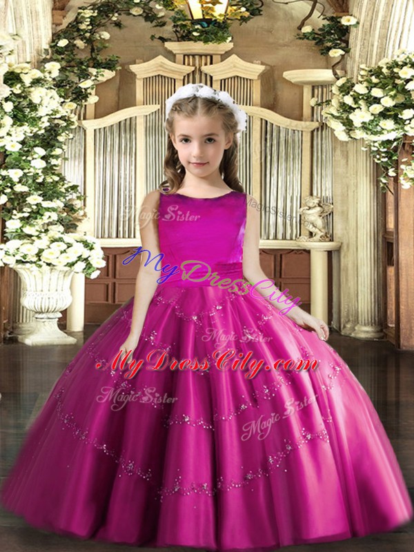 Pretty Sleeveless Tulle Floor Length Lace Up Pageant Dresses in Fuchsia with Beading