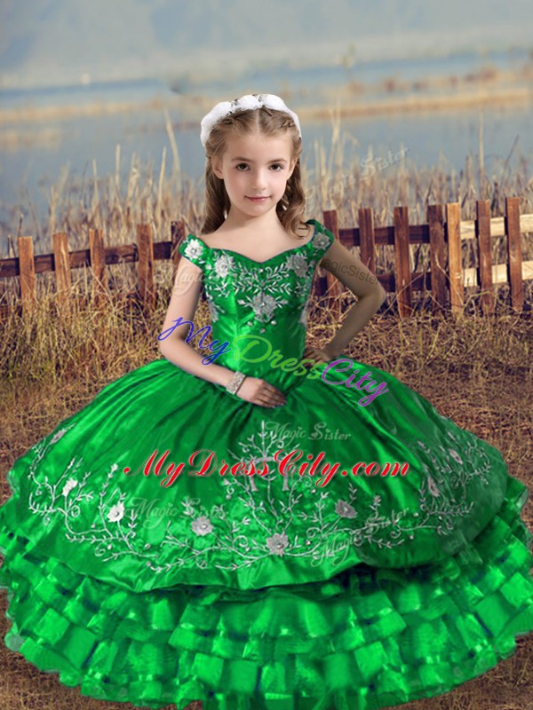 Custom Designed Green Satin and Organza Lace Up Child Pageant Dress Sleeveless Floor Length Embroidery and Ruffled Layers