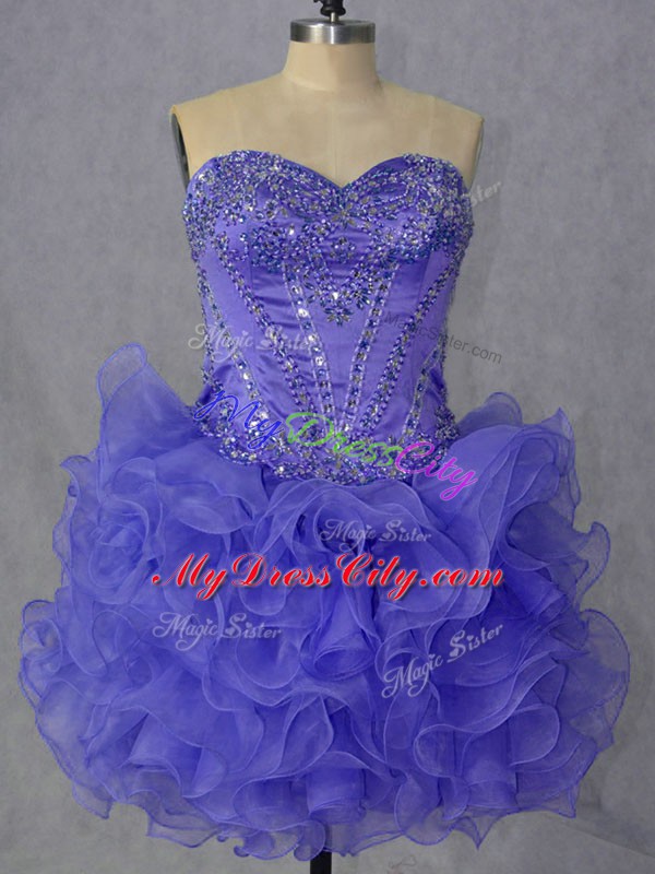 Captivating Lavender Organza Lace Up Pageant Dress Toddler Sleeveless Mini Length Beading and Ruffles