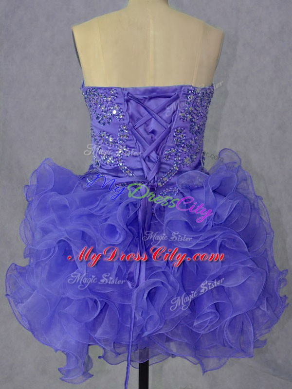 Captivating Lavender Organza Lace Up Pageant Dress Toddler Sleeveless Mini Length Beading and Ruffles