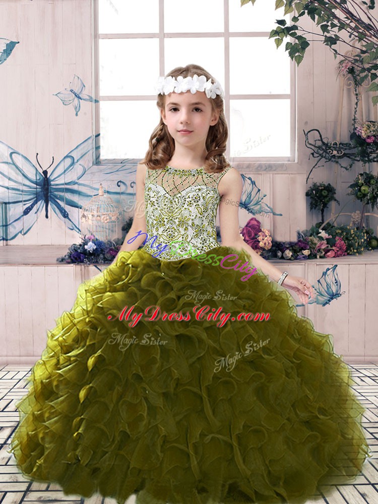 Elegant Floor Length Ball Gowns Sleeveless Olive Green Glitz Pageant Dress Lace Up