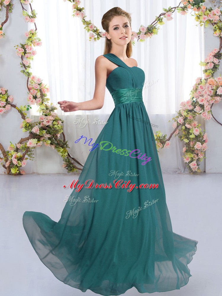 Vintage Floor Length Peacock Green Bridesmaid Dress One Shoulder Sleeveless Lace Up