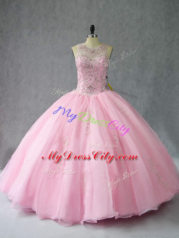 Scoop Sleeveless Lace Up Quinceanera Gowns Baby Pink Organza