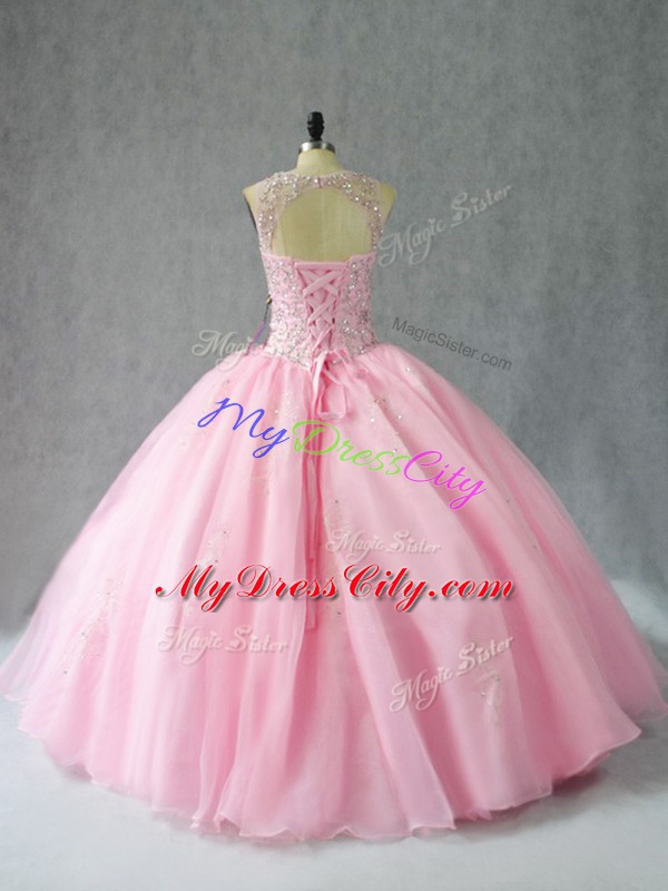 Scoop Sleeveless Lace Up Quinceanera Gowns Baby Pink Organza