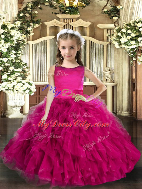 Fuchsia Sleeveless Tulle Lace Up Little Girl Pageant Dress for Party and Sweet 16 and Wedding Party