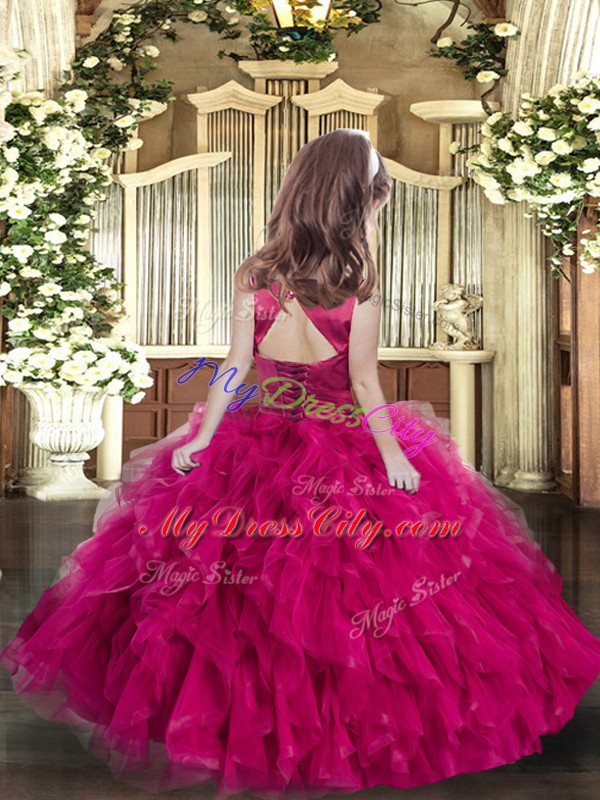 Fuchsia Sleeveless Tulle Lace Up Little Girl Pageant Dress for Party and Sweet 16 and Wedding Party